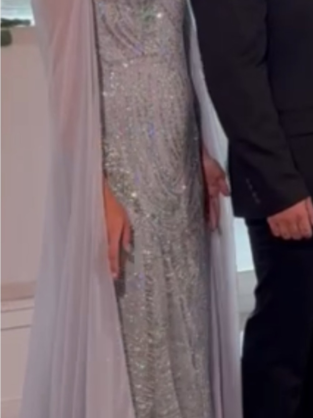 Portia and Scarlett Silver Sequined Gown with Lilac Chiffon Cape - Picture 8 of 8